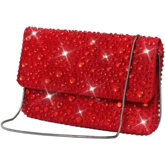 ⚡ Women's Sparkling Red Evening Rhinestone Shoulder Chain Crystal Clutch Bag - Picture 1 of 6
